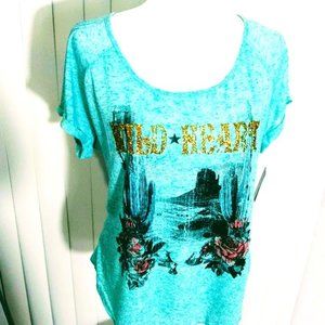 TEE*SHORT SLEEVE*TEAL COLOR DESERT SCENE*RANSOM BRAND*WOMEN SIZE 1X.